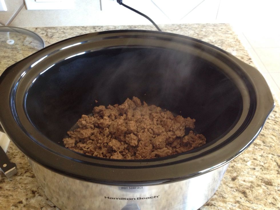 Brown your meat and put in your crock pot. If you don't have one, I'm sure you could just make it on the stove but keep an eye on it so it doesn't burn.