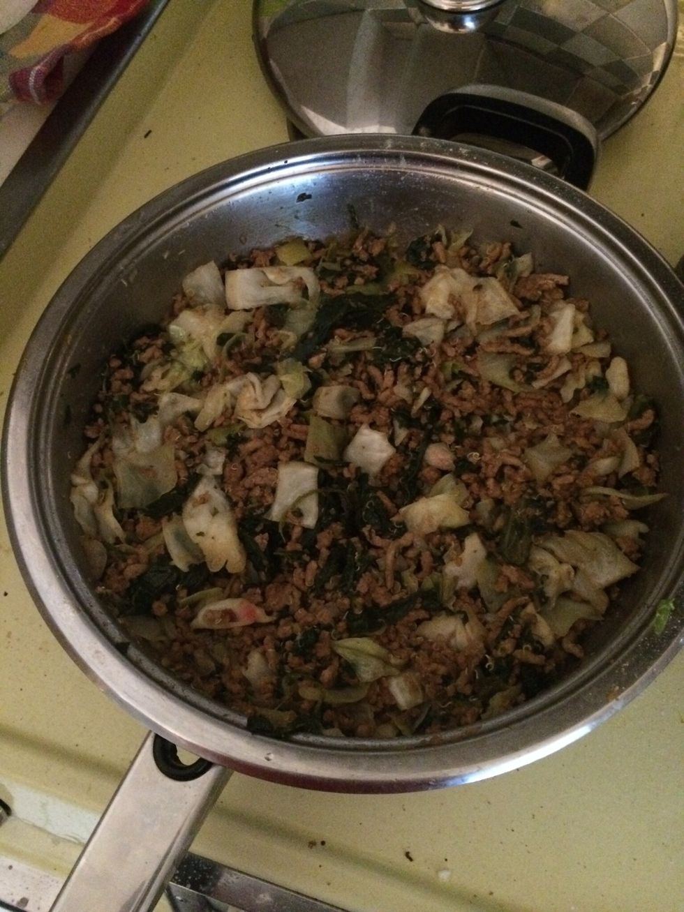 Browned, seasoned ground meat. Next, add diced, canned tomatoes or salsa and cooked quinoa. (Note: tomatoes in a can eat away at the plastic lining so I try to avoid them.)