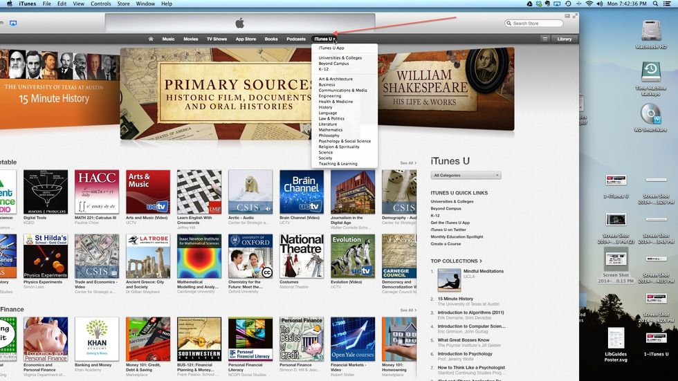 Browse subject-areas found in iTunes U by clicking on the down arrow next to the iTunes button; or ...