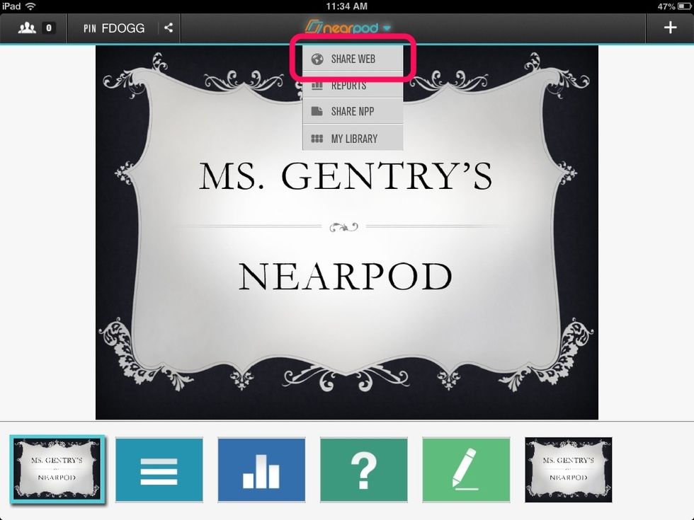 Browse the Internet slides are only available for paid accounts, but free accounts can share a website in the middle of a presentation. Click on the Nearpod drop down and click Share Web.