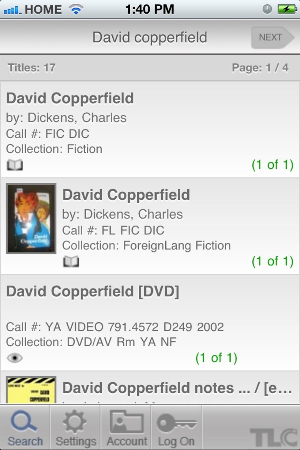 Browse the results until you find what you are interested in. The green numbers will show how many are currently available. A red number zero indicates that the item is currently checked out.
