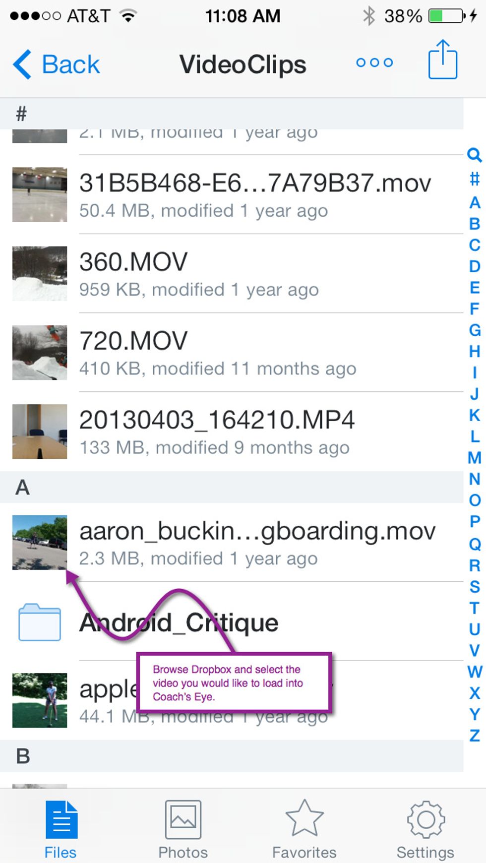 Browse through your Dropbox library and find the video you would like to import into Coach's Eye. Tap it.
