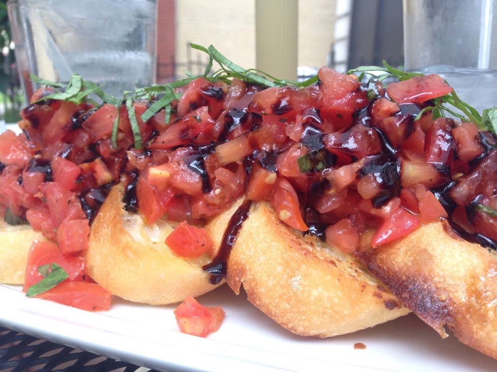 Bruschetta: a side view of saucy bruschetta