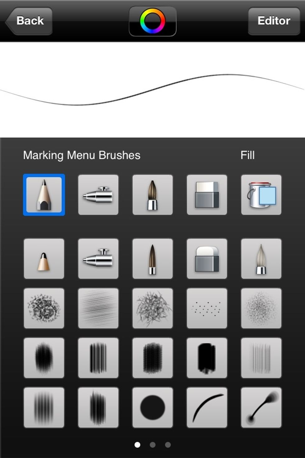Brush Head Selector - There are three pages of brush head presets. Each brush head can be customized with the button in the top right corner. The color wheel can also be accessed.