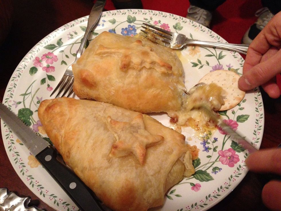 Brush pastry dough with egg. Bake for about 30 mins or till it turn golden brown at the temperature of 400 degrees, or according to your brand of pastry dough brand.