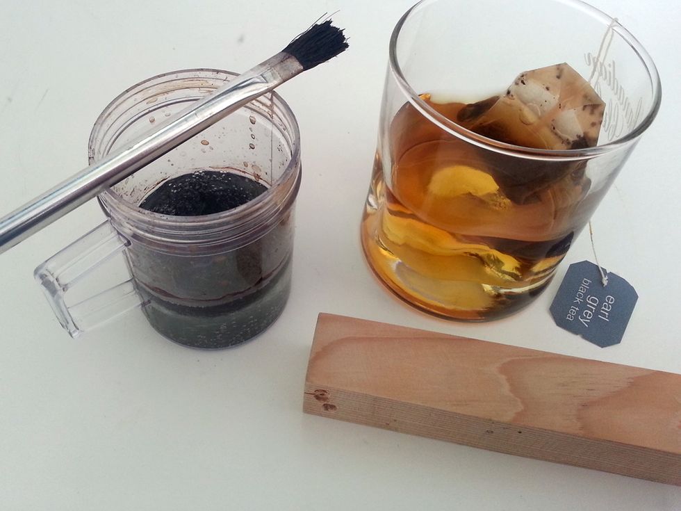 Brush steeped tea onto bare wood, ensure complete saturation - let dry completely Brush vinegar + steel wool solution into tea-saturated wood