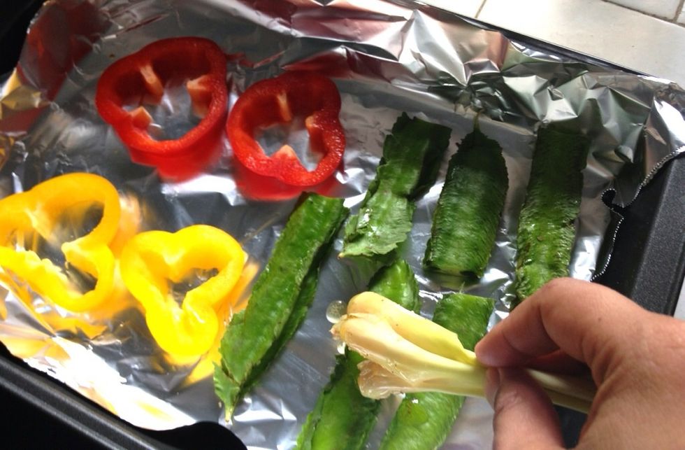 Brush the veggies with the olive oil mixture. On each side