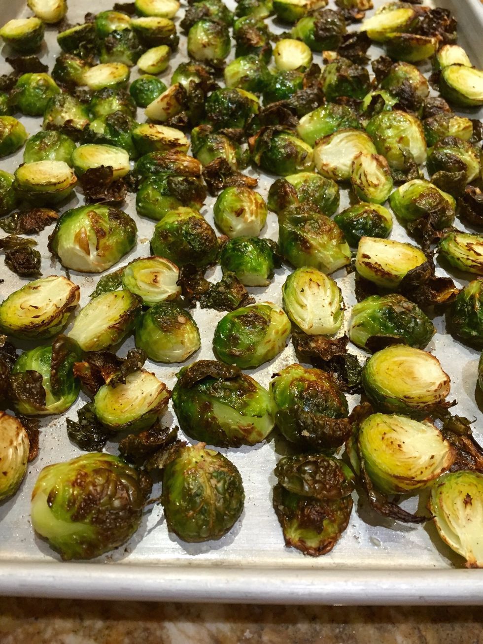 Brussels sprouts will come out roasted, scrape from tray while hot.
