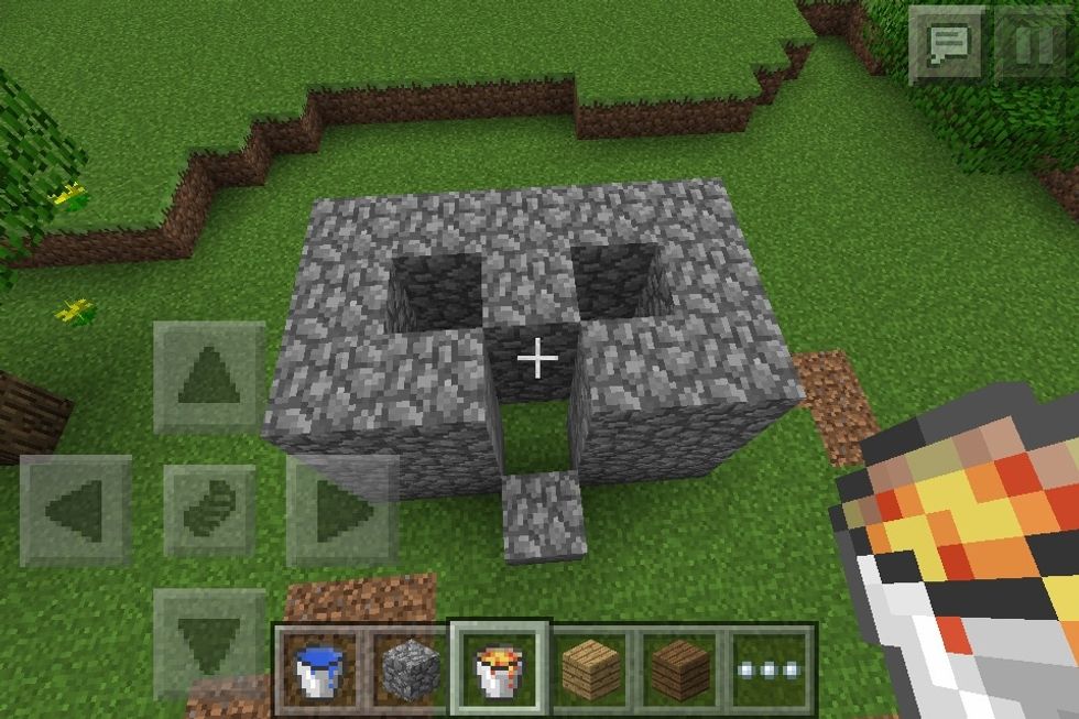 Build 3 high and in the centre build the last 2 blocks of the 3 and also place a block 2 blocks away from the hole
