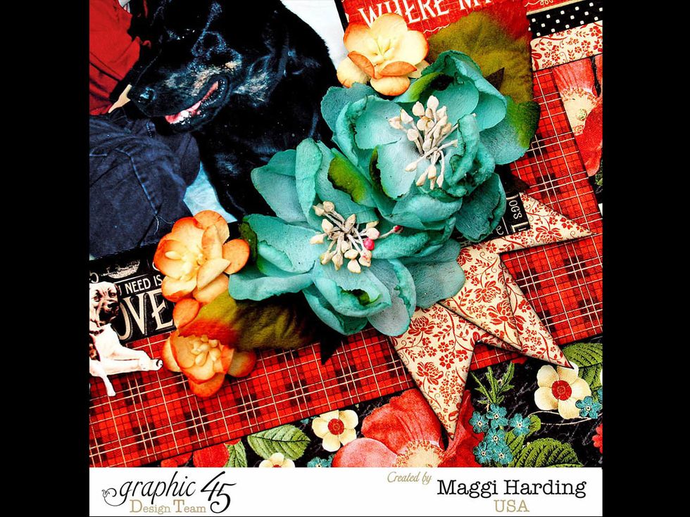 Build a cluster of flowers and banners at the bottom right of the photo.