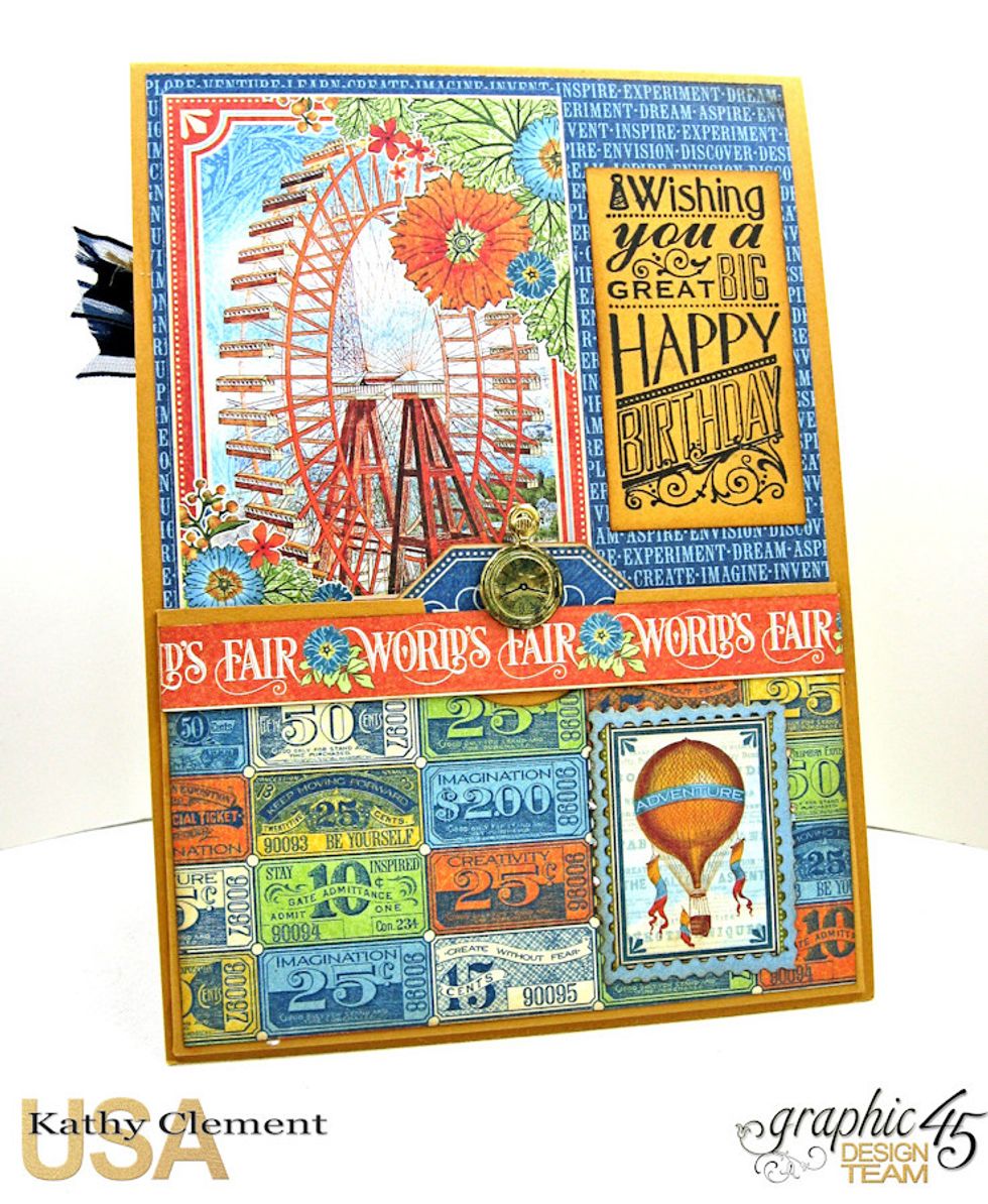 Build a pocket on the bottom half.  Add images and a stamped sentiment.  Tuck a tag from the collection into the pocket.  I topped the tag with a little clock brad.