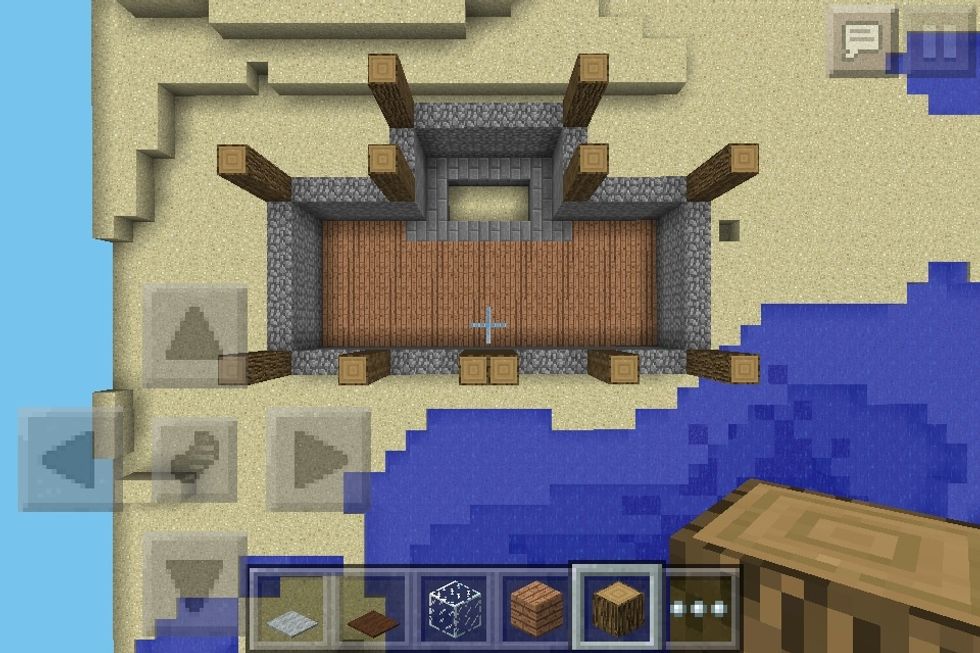 Build oak wood pillars up by 3 blocks on all the corners and at the front as on the picture.