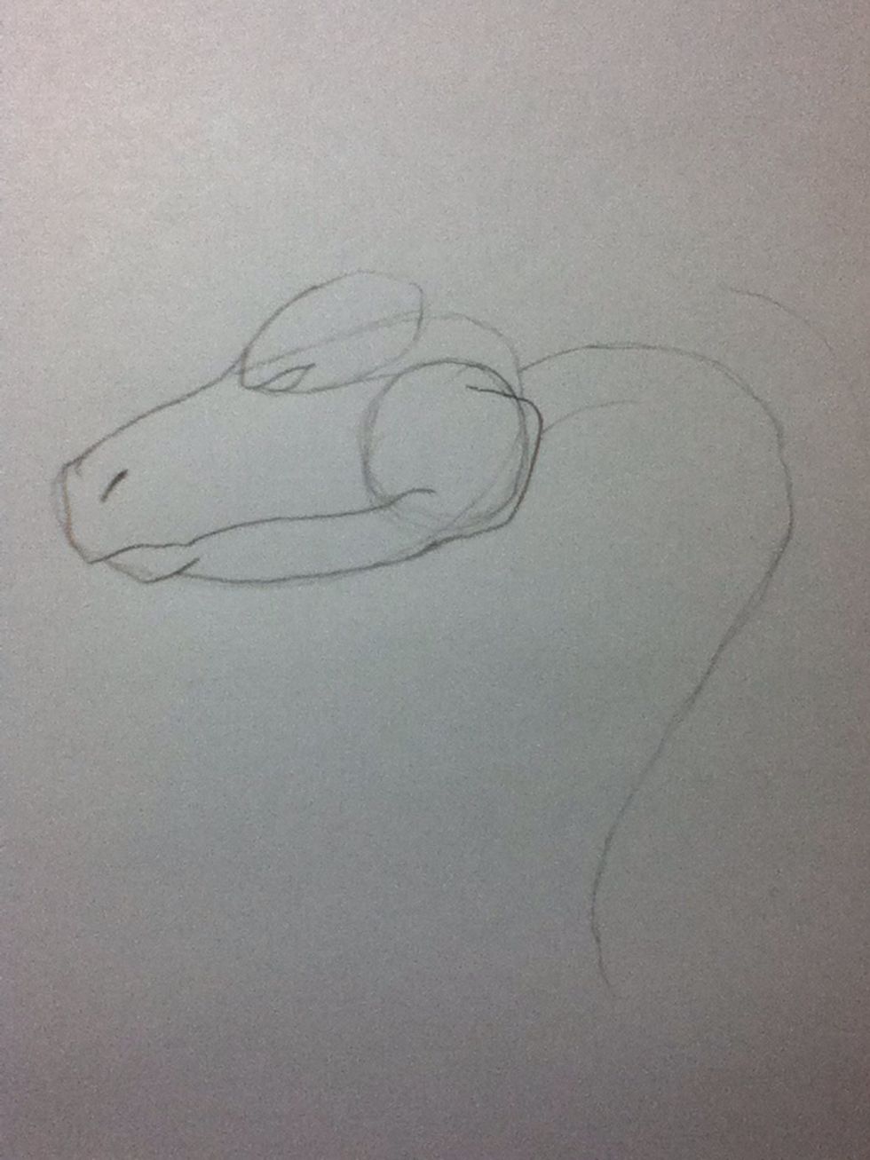 Building on top of the shapes I fill in the lower jaw and split the mouth open with a beak-like finish. I add in an eye, build up the eyeridge, and add a nostril.