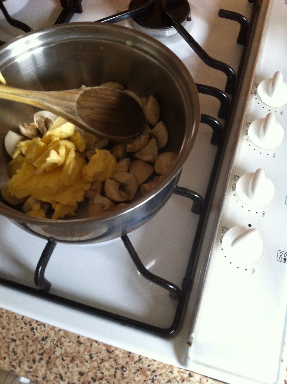Bung in a nob of butter in with your mushrooms on a medium heat. Use as much or as little as you like, as you can see i like a lot!