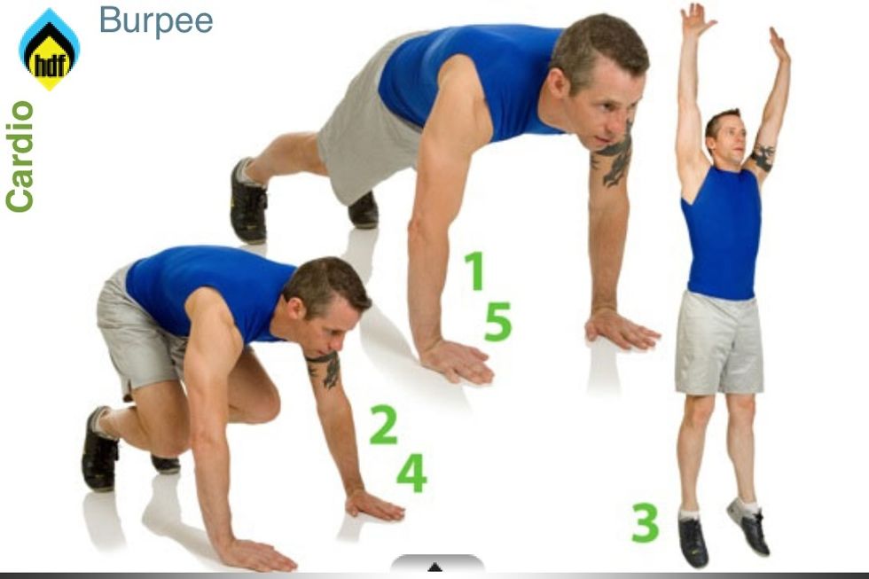 Burpee: 1-start in the top of a push up. 2- jump your feet in, bring knees to chest, keep hands on floor. 3- jump up, raising hands above head. 4 return to mid position thrusting knees back. Repeat!