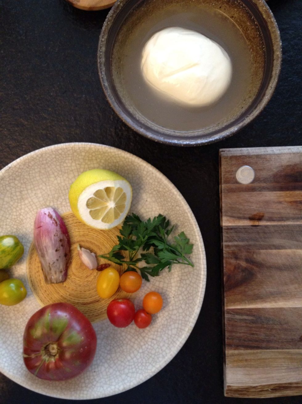 Burrata cheese, shallot, tomatoes times two, parsley, lemon.