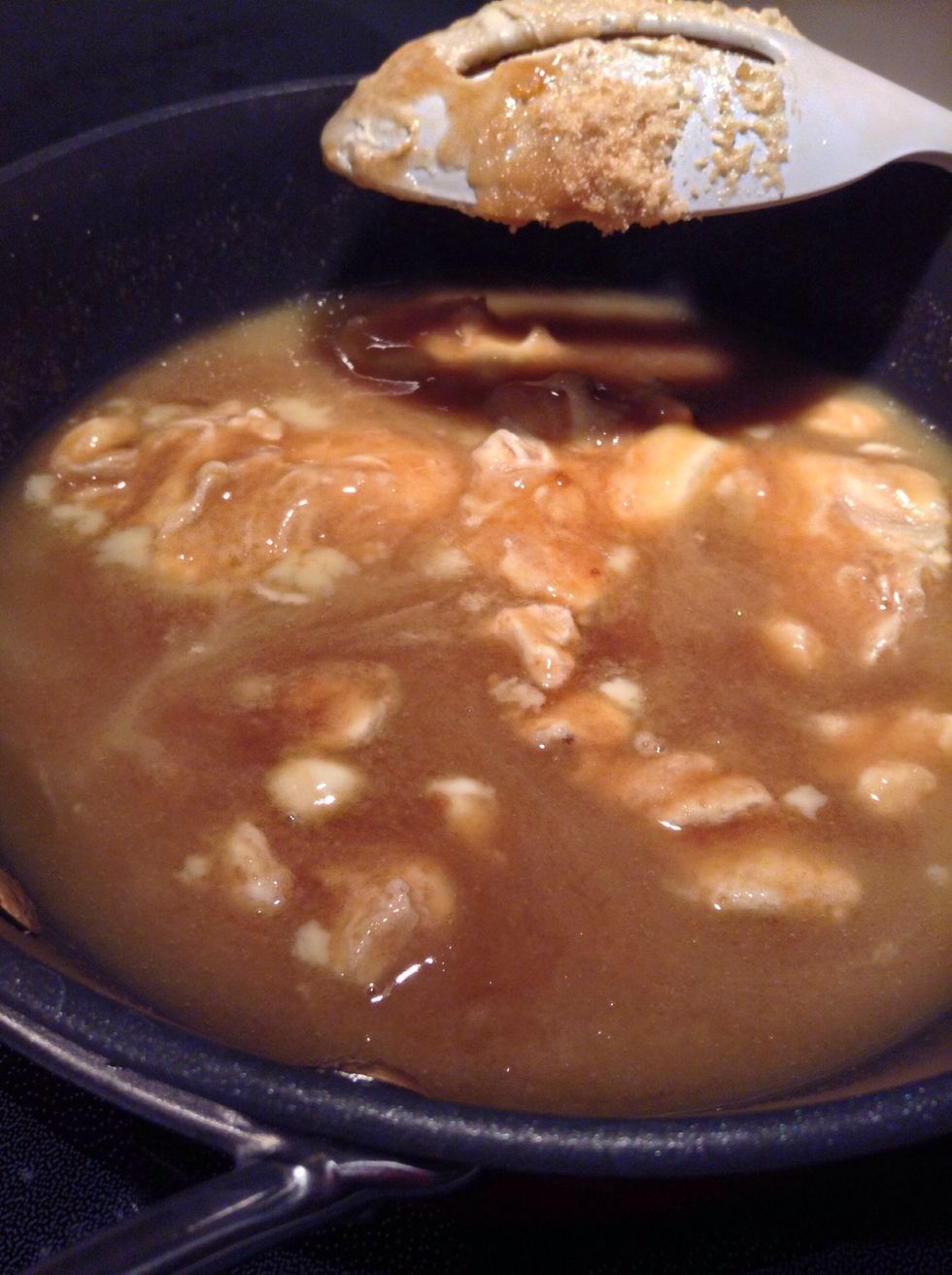 But, if you do want the frosting this is how to do it! :) In a small sauce pan combine 1/2 cup of butter and 1/2 cup of brown sugar. Place on medium heat and stir until smooth.
