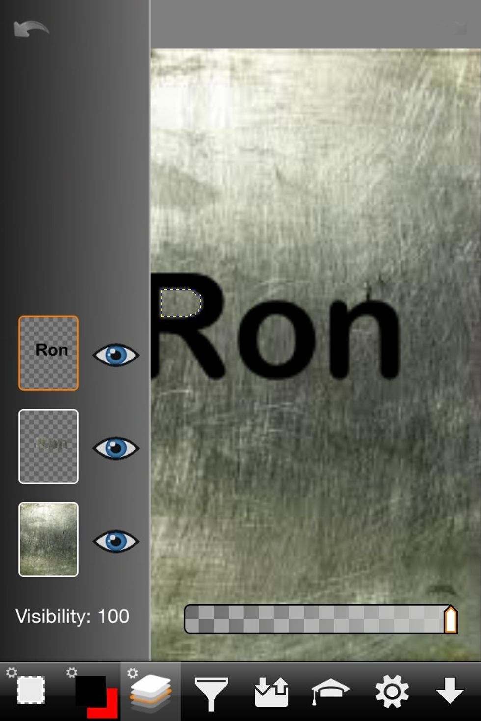 But those holes aren't cut out of the R and the O on this new layer. So go back to the text layer and select one of the holes with the magic wand selection tool.