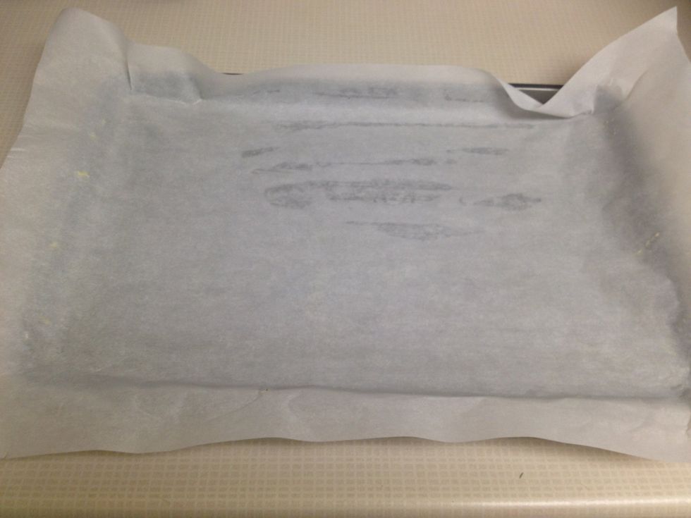 Butter a 13 x 9 inch baking pan, and line with parchment paper- making sure to leave at least 2 inches extra around edges. Butter the paper as well.