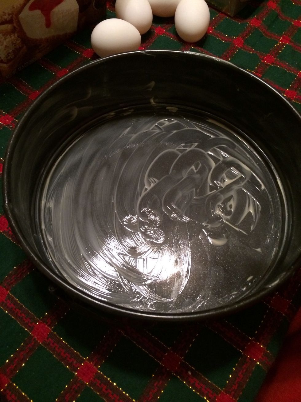 Butter a 9 inch springform pan with tall sides, make sure the sides are well buttered, this will prevent cracking.