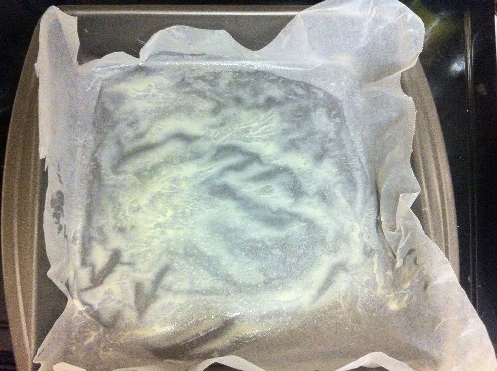 Butter a 9x9 pan. Place wax paper or parchment over that. Then spray with non stick cooking spray (Pam). This is vital in order to keep the brownie from sticking to the wax paper and the pan.