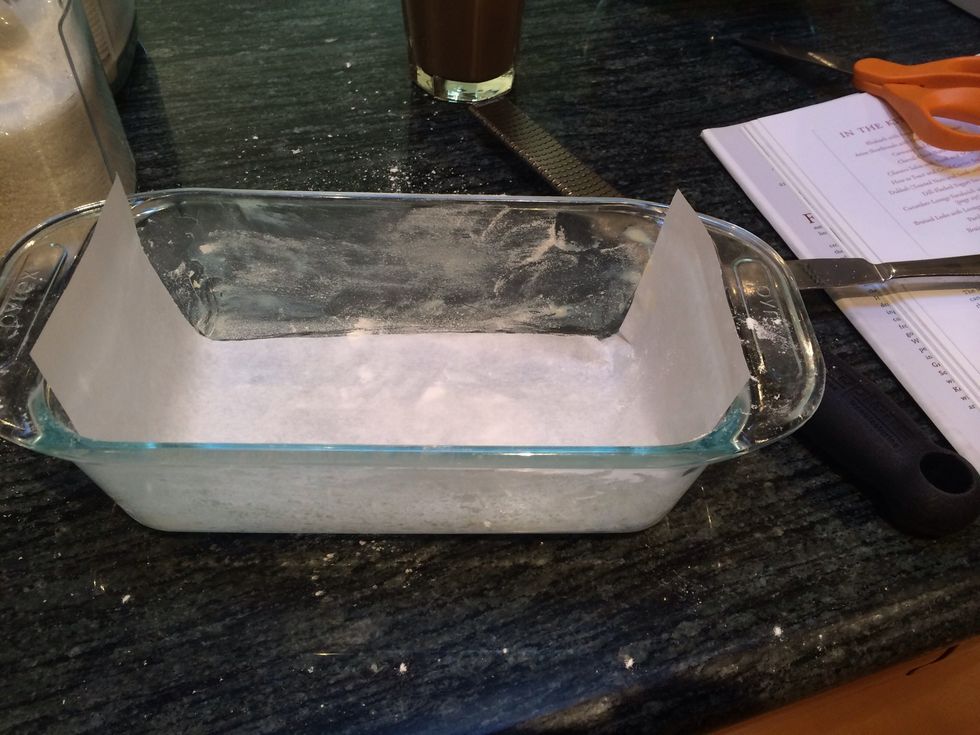 Butter and flour a loaf pan. Line the bottom and narrow ends with a single strip of parchment paper.