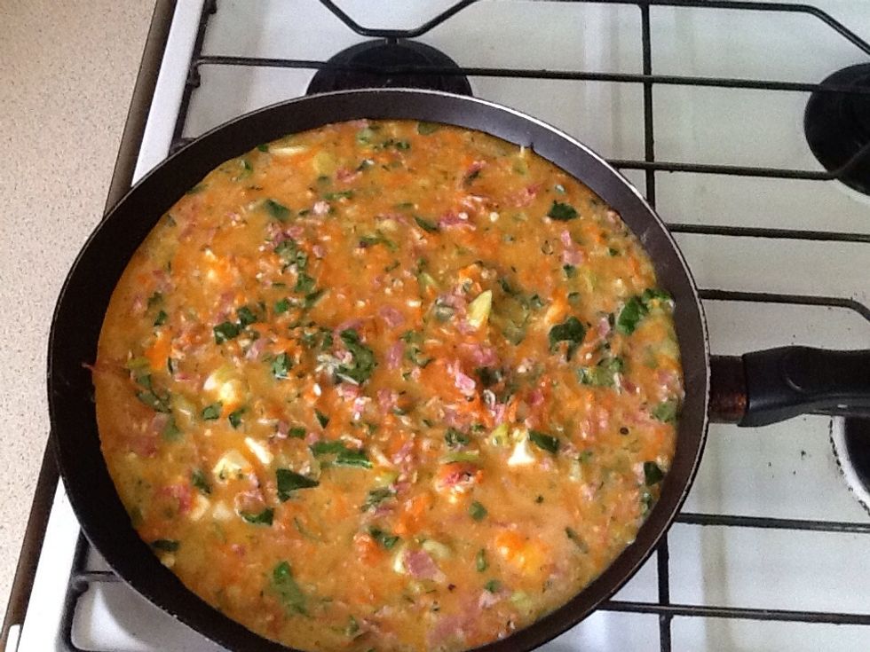 Butter pan and Cook on medium to low heat until the bottom of the omelette is brown