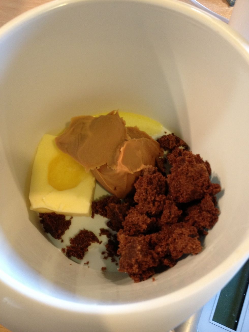 Butter, peanut butter and sugar need to e creamed together.