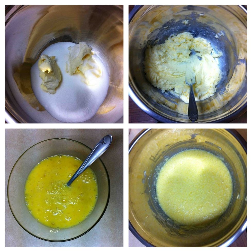 Butter with sugar. Add eggs and mix well.