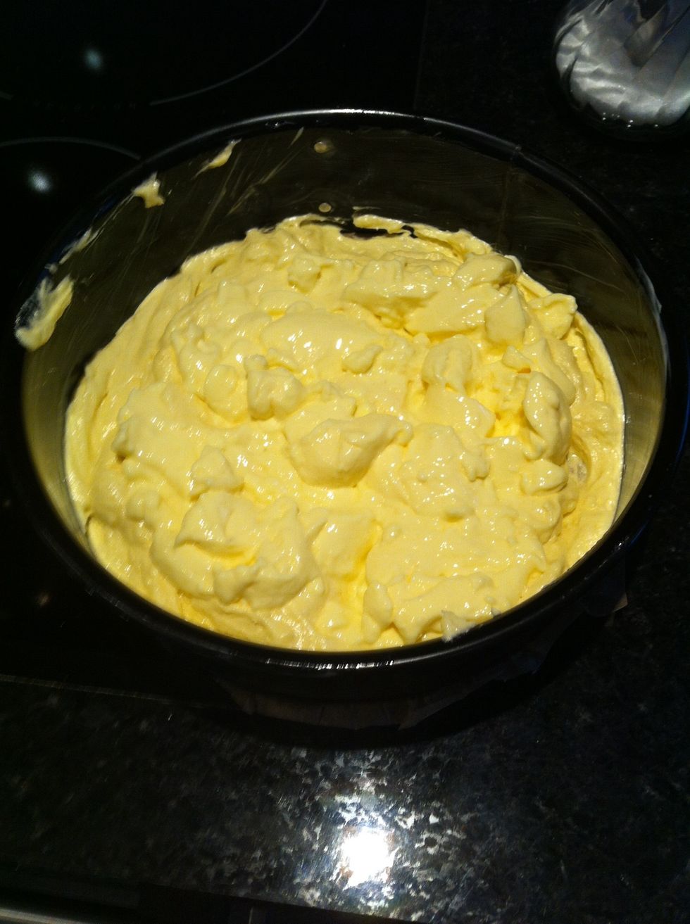 Butter your cake pan. Take a little bit of your cakemix and take it in the bottom of the cake pan. Take some vanilla cream and take it over the cakemix. Cover the vanilla cream whith cake mix.