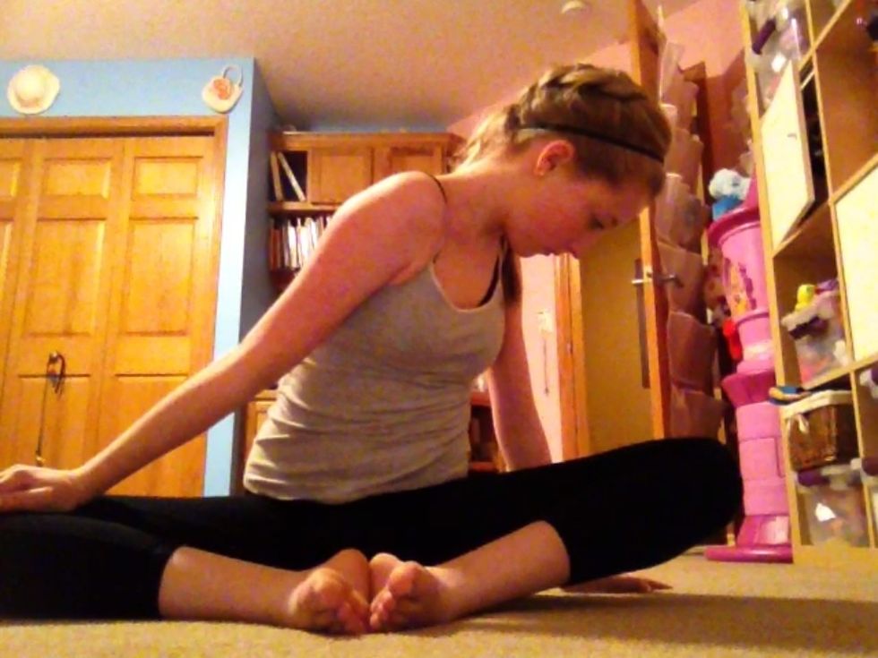 Butterfly: Start by sitting in butterfly, use your arm to push down on one knee so it is on the ground while you twist your upper body to the opposite side.