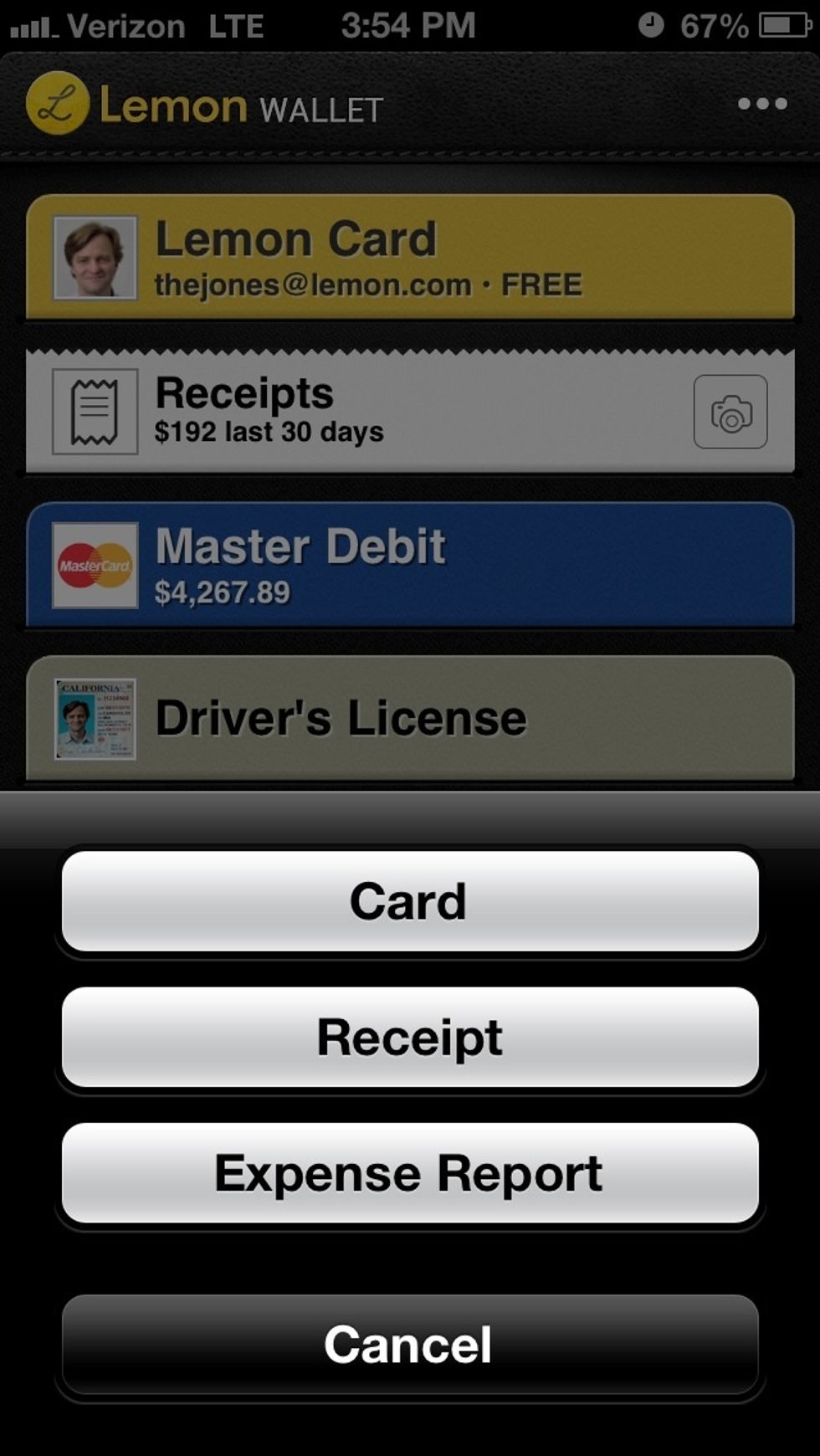 By clicking on the camera at the bottom of the app you can choose to add a card, receipt, or expense report.