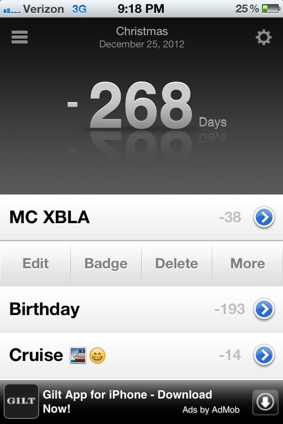 By clicking the blue arrow button, you can see an array of options. The 'badge' option displays the number of days above the app icon on the home screen.