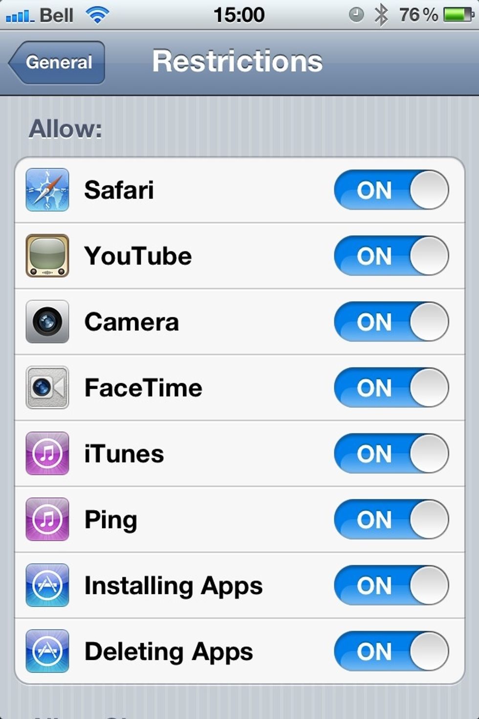 By default all programs are turned on. By swiping the ON button that program/ability will no longer be available. Note: If children play with you phone: turn off 'Deleting Apps' saves some heartache.
