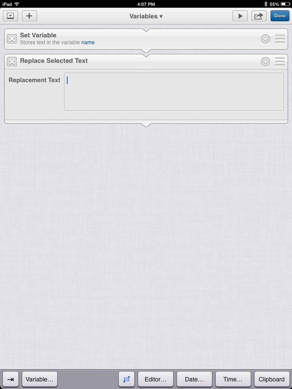 By defualt, the "Replace Selected Text" action outputs all text in the document, if none is selected. Tap where it says "Variable" on the on-screen keyboard.