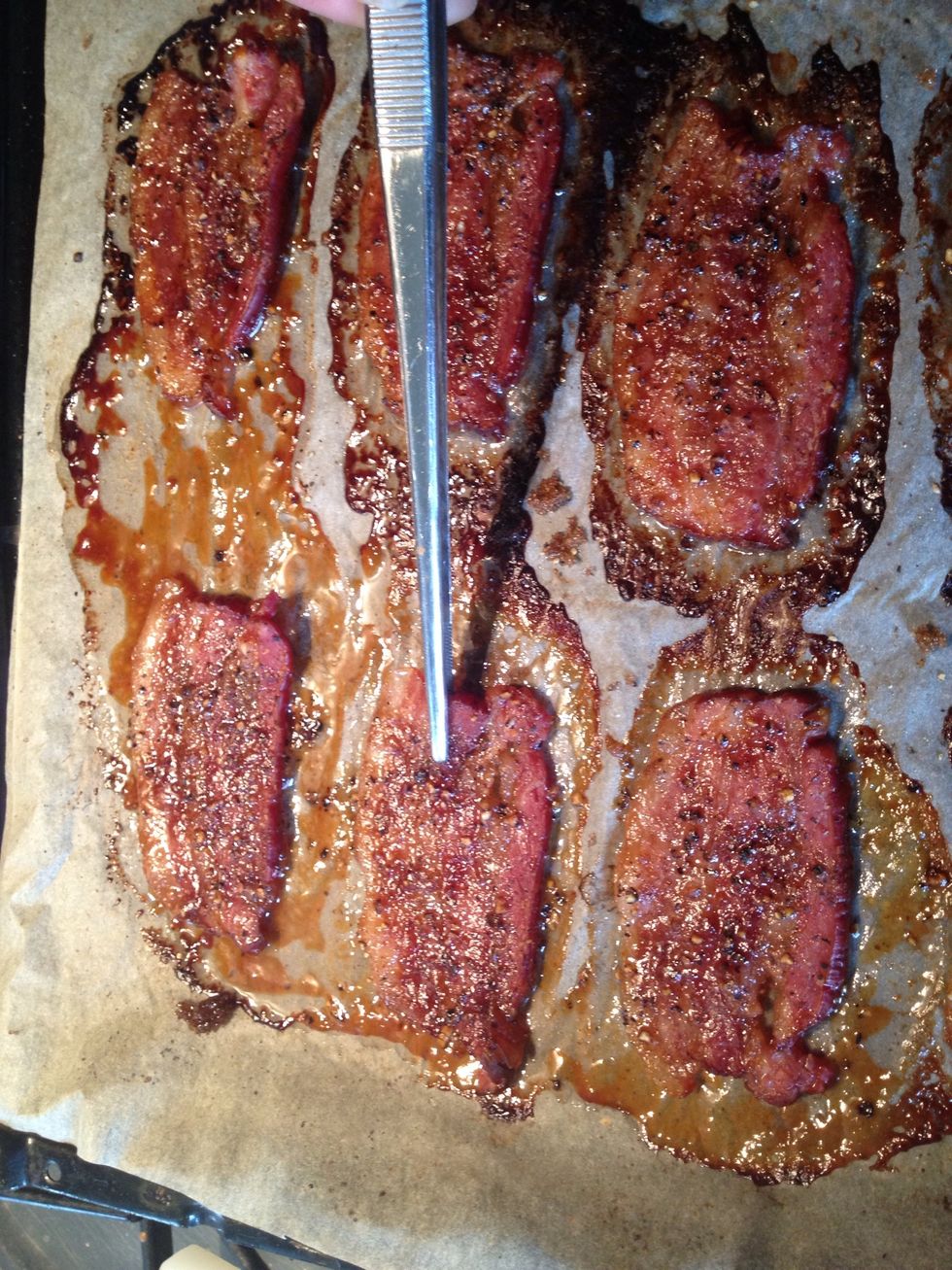 By now the bacon is done. Don't use your fingers.