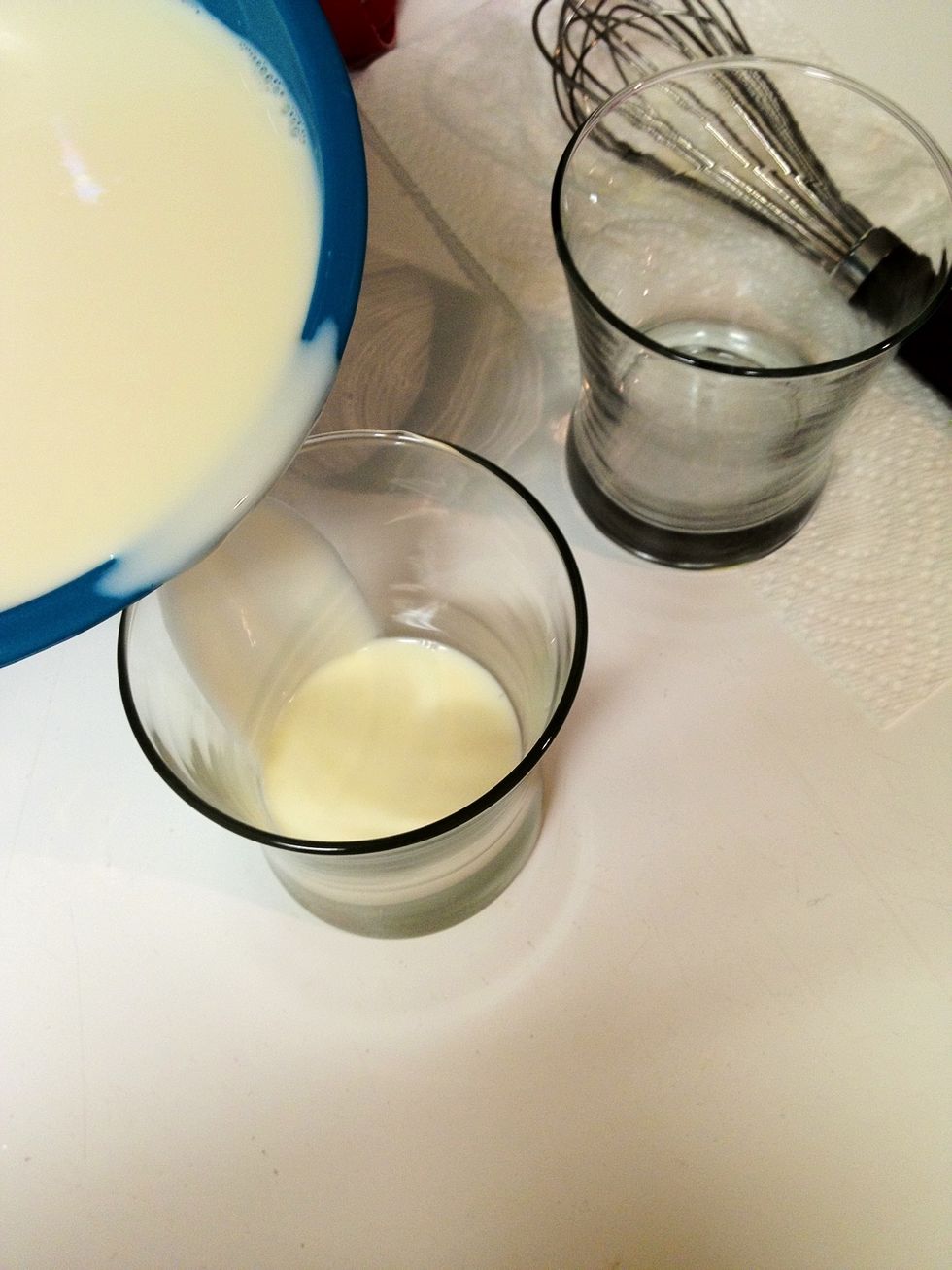 By now the panna cotta should be cool enough (fine if still a little warm), so pour it into some small glasses or ramekins if you have them.