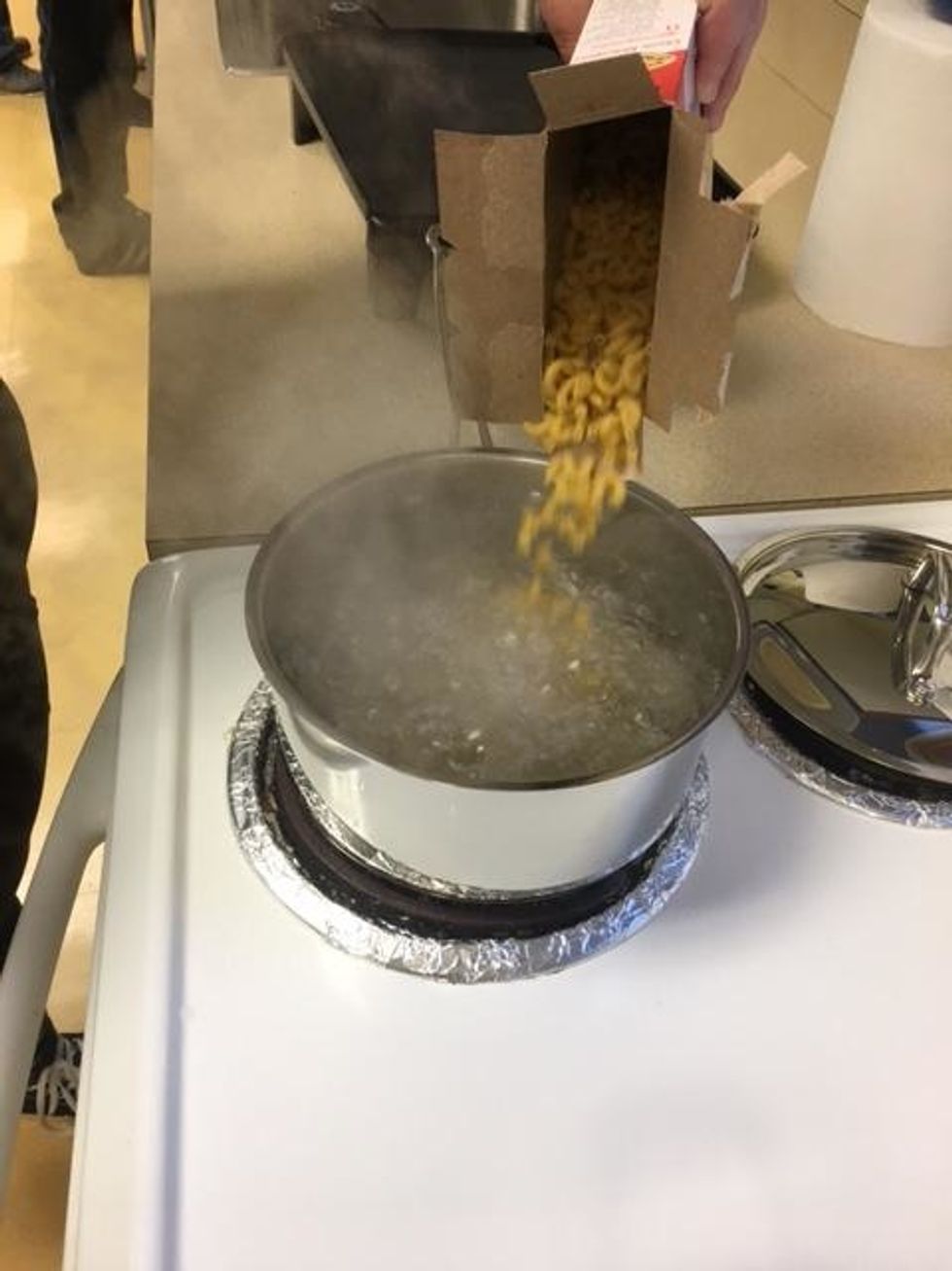 By now the water should be to a boil, add 1 pound (whole box) of Macaroni and cook for about 11 minutes.