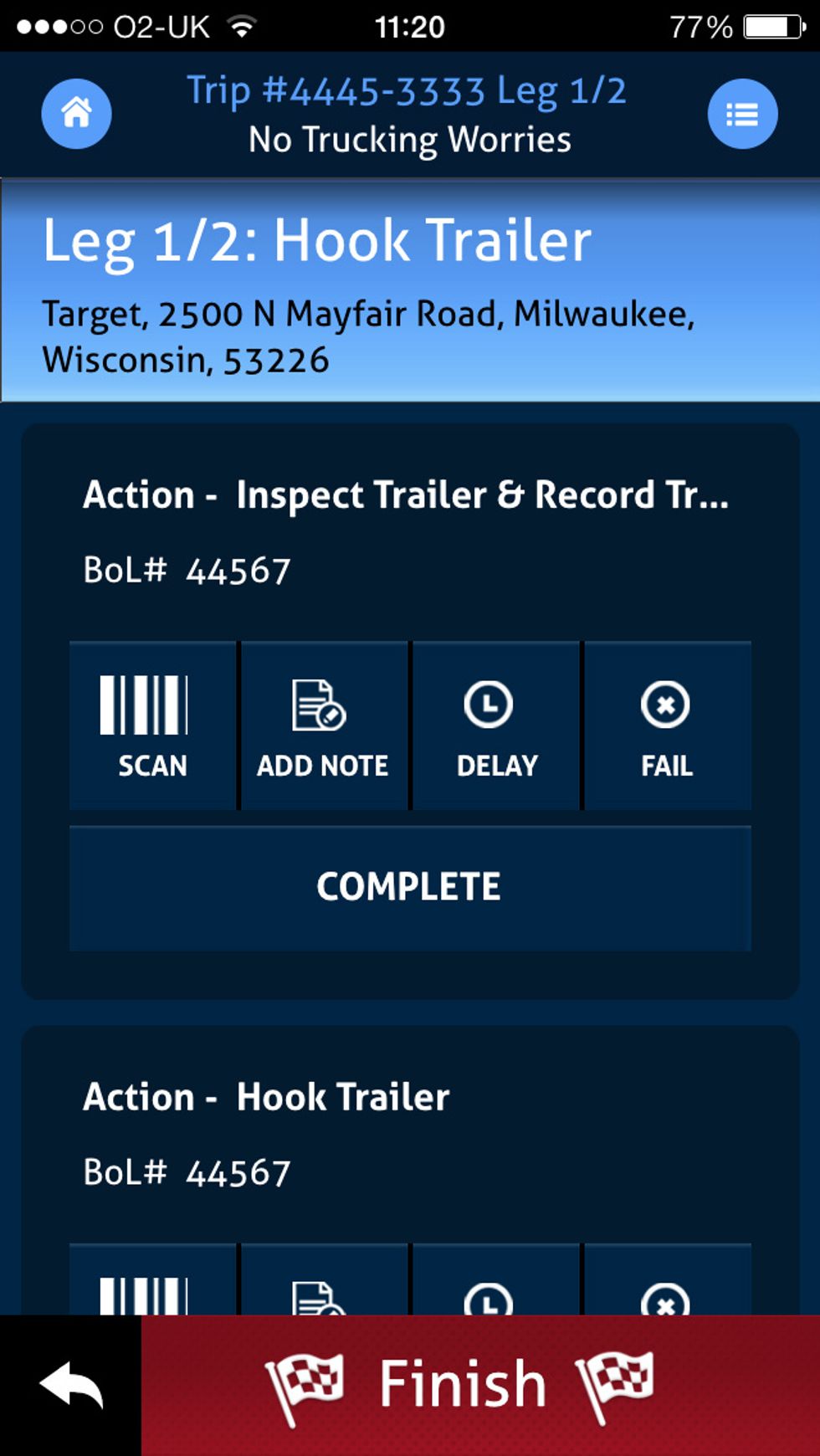 By selecting View Task when arriving on site you can record detention/delay time, add a note, fail the task and take a scan of freight bills, BOL etc so that dispatch is informed instantly.