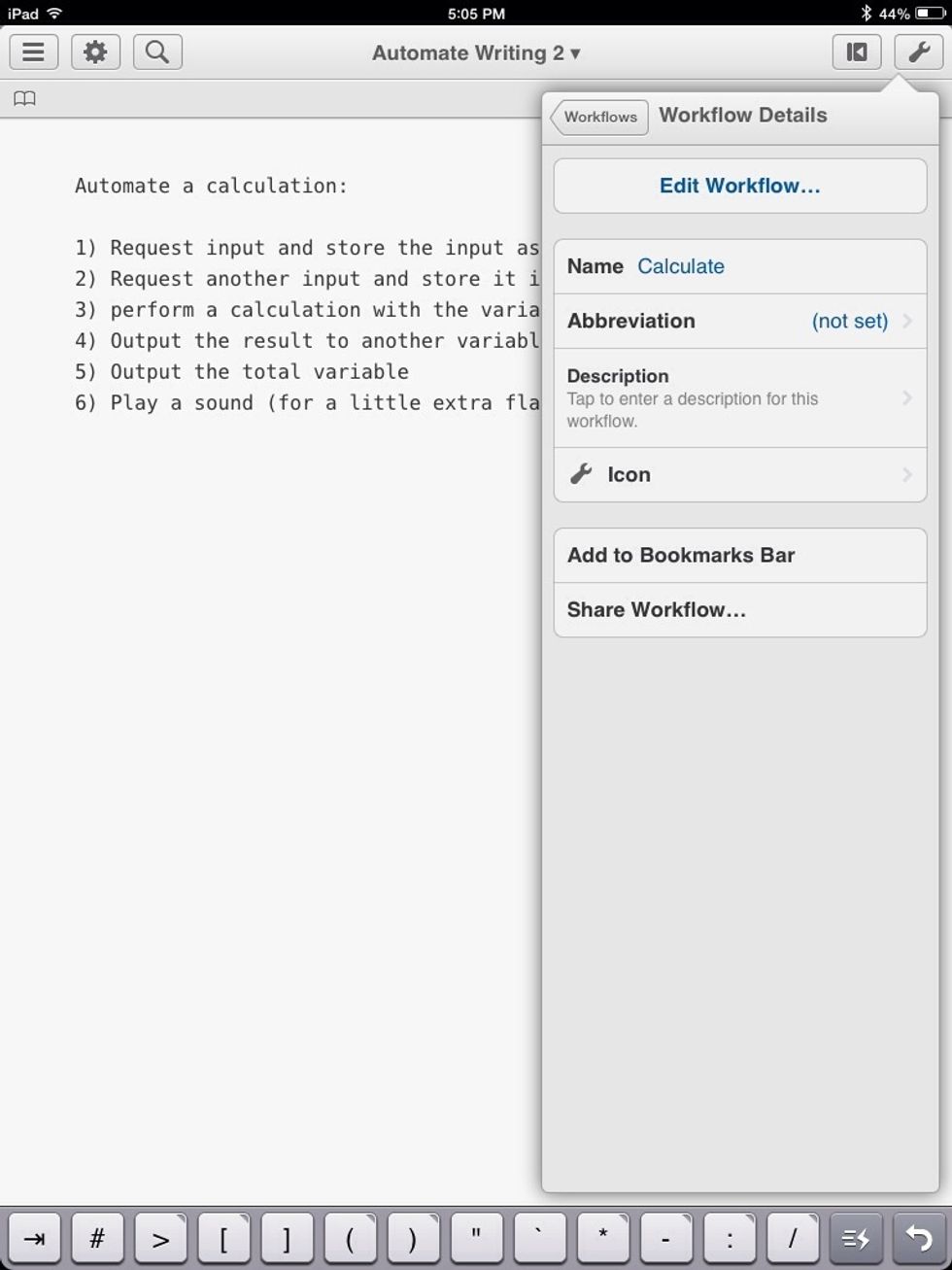 By tapping the arrow next to your workflow in the "Gear menu" you have a choice of "Add to Bookmark Bar." Tap it.