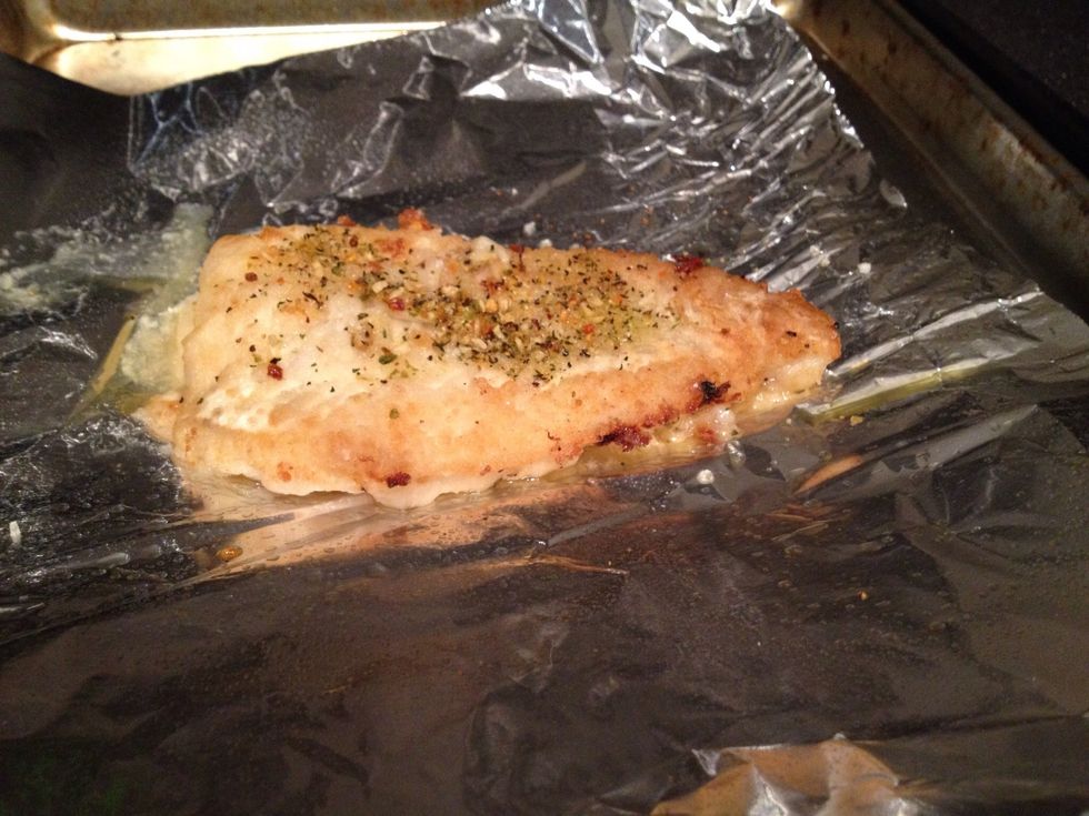 By this time, about 10 minutes, the fish should be done in the oven. Judge it yourself, but go ahead and take it out if it looks good and flaky.
