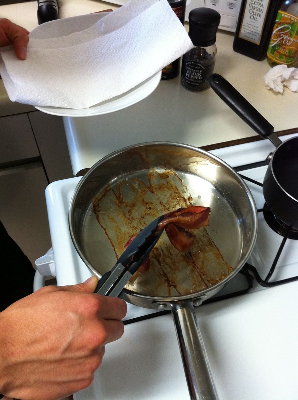 By this time the bacon should be done slow cooking in the skillet (20-25 Minutes). You will want to remove the bacon before it gets crispy and is still flimsy. I describe it as 70% cooked.