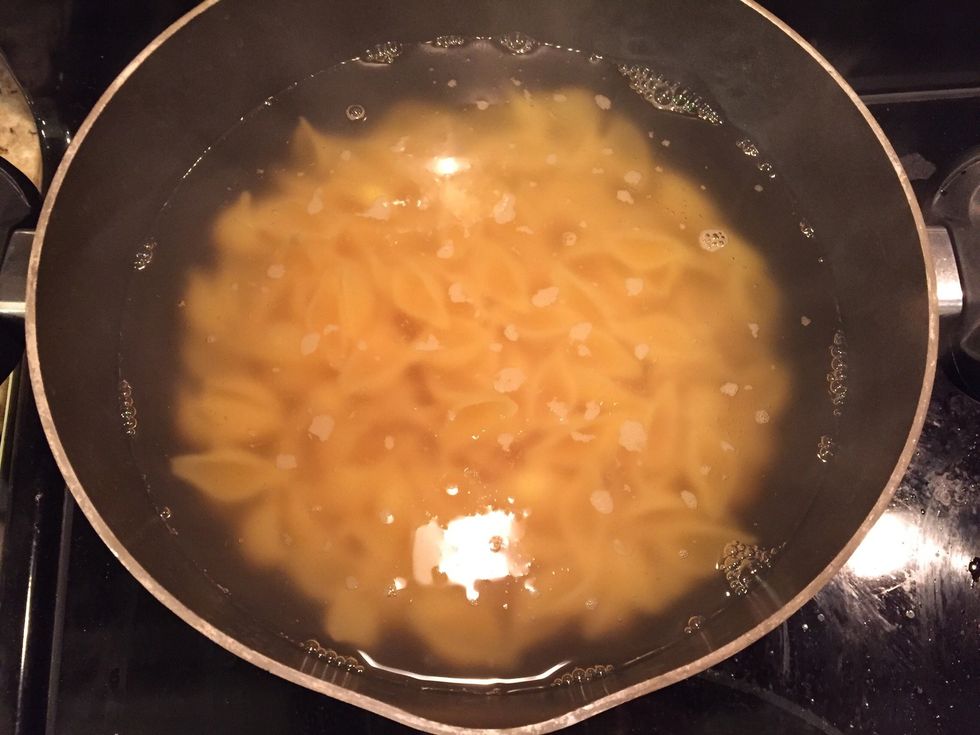 By this time, your water should be boiling so add your pasta! I cook the whole box so I have some leftover plain pasta for future meals.