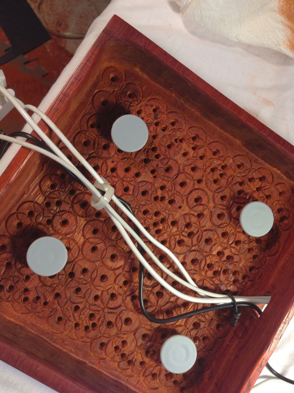 Cables secure and spacers hot glued in, almost ready for the leather top.