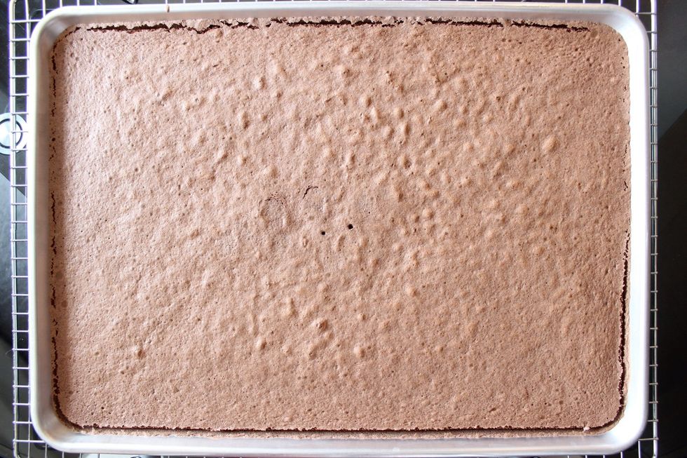 Cake is done baking when the cake starts to pull away from the edges of the pan and a toothpick inserted through the middle comes out clean. You can see the 2 holes I poked in the middle :)