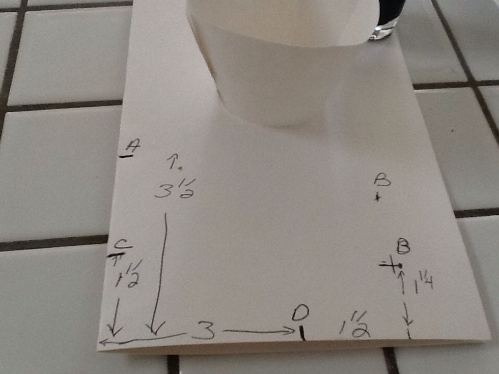 Calculate top right mark, which is 1 1/4 inches straight up from second mark on the edge (4 1/2 inches from left edge). Now free hand in a circular motion, connect A to B, C to D. Connect B to D