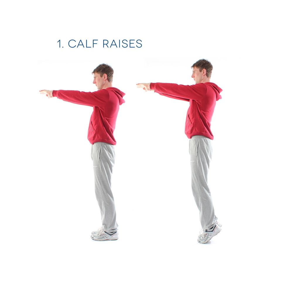 Calf Raises - Stand up straight with your feet together. Lift your heels and return down. Do this for 1 minute