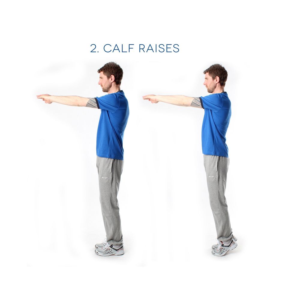 Calf raises - Working on the lower leg. Stand up straight with your feet together. Lift your heels and return down. Repeat 20 times