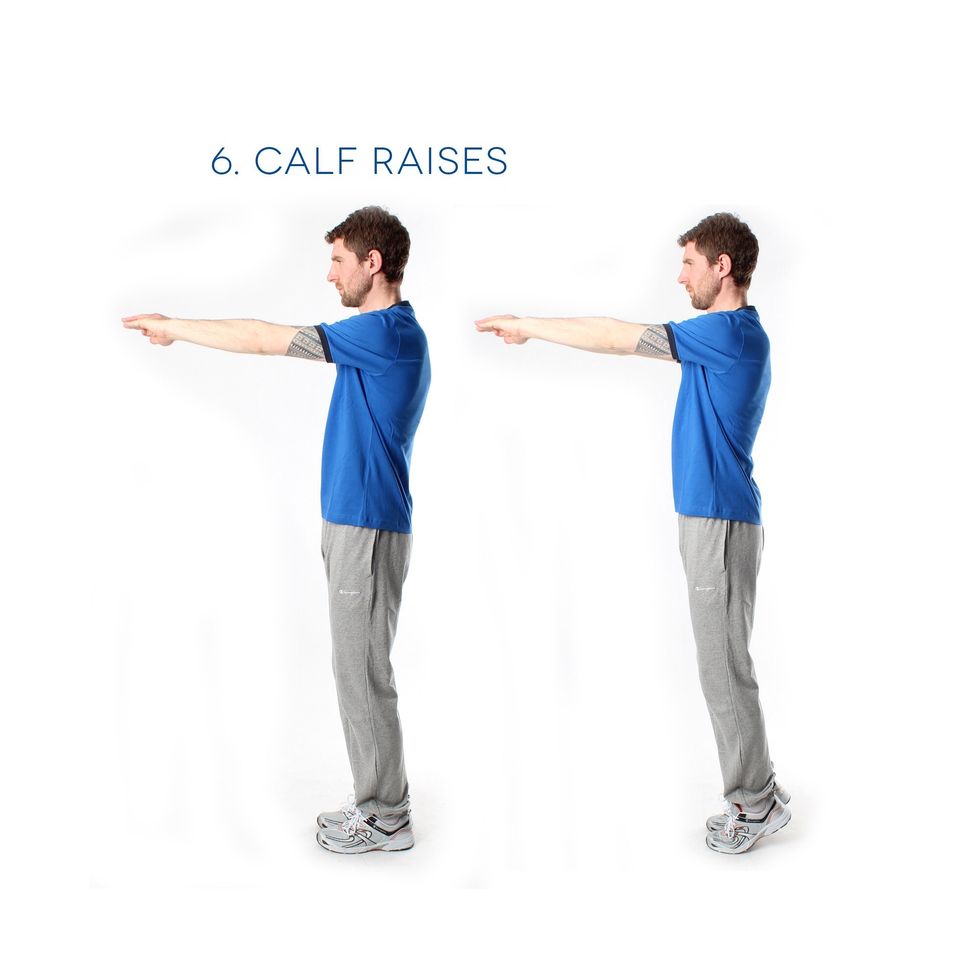 Calf raises - Working on the lower legs. Stand up straight, feet together. Lift your heels and return down. Repeat 30 times