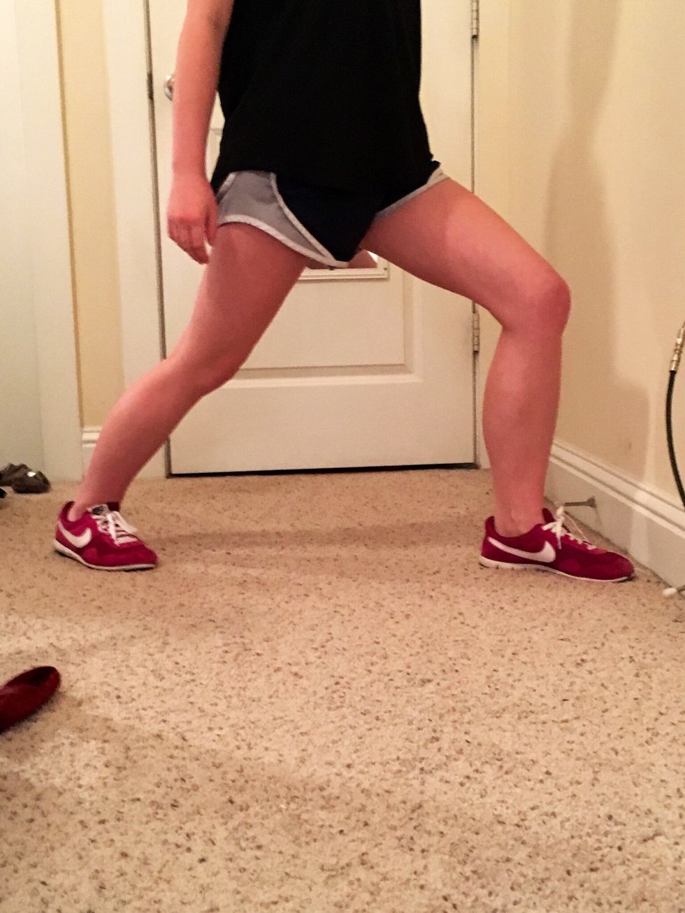 Calf Stretch: Stretch out both legs with feet facing forward and heels on the ground. You should feel the stretch in the lower calf. Repeat on each leg.